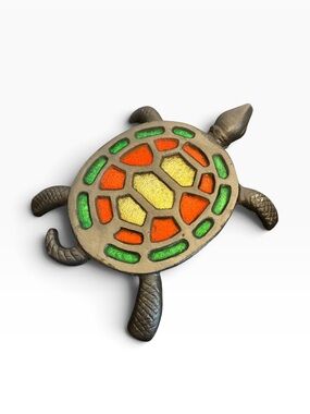 Vintage Cast Iron Turtle Trivet Stained Glass Style Resin Mosaic Decor Bronze